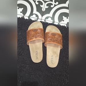 Myra Bag Tan Leather Slide Sandals with Embossed Strap